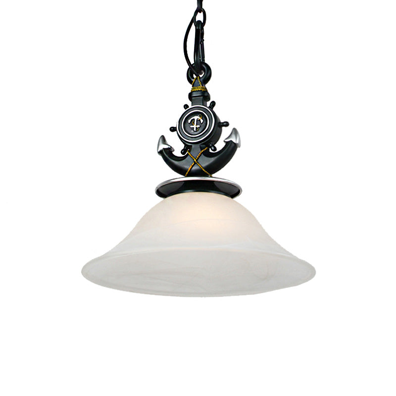 Modernist Style Bell Opal Glass Pendant Light With Anchor Deco - Blue/White Finish