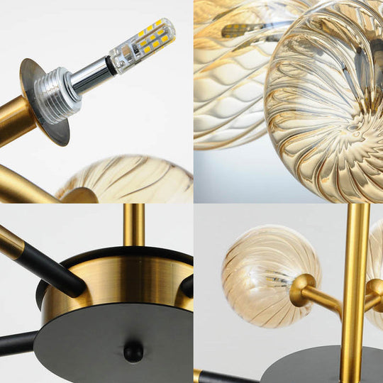 Retro Global Chandelier Pendant Light - Amber Glass 10 Lights Ideal For Living Room