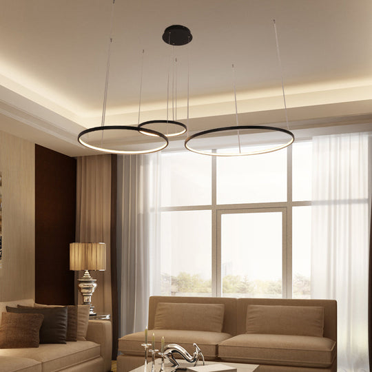 Minimalist Acrylic Chandelier Light - Black Circular Pendant Fixture (1/2/3 Lights) In White/Warm 3