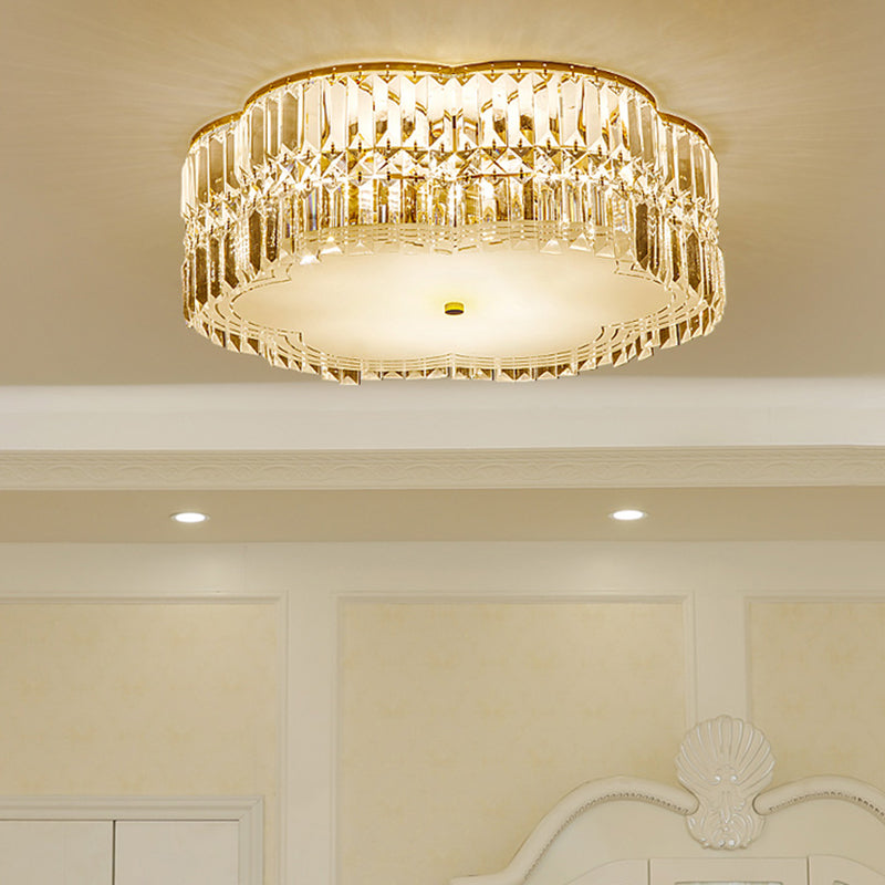 Gold Scalloped Flushmount Modern Ceiling Lighting - 19"/23" W, 4/5/6 Bulbs, Faceted Crystal - Bedroom