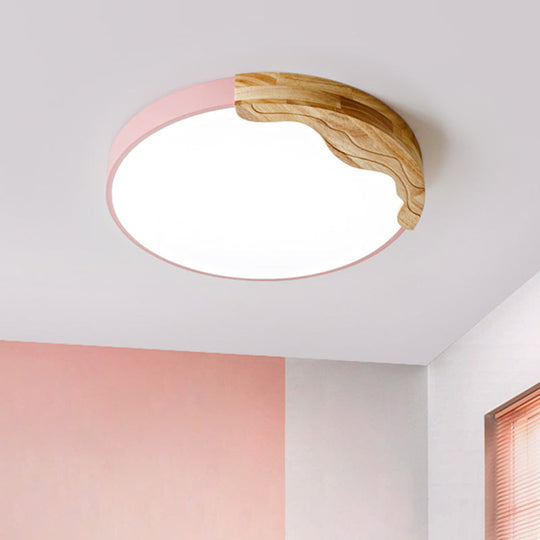 Plafonnier LED en acrylique de style macaron moderne avec décoration en bois - Lampe à encastrer circulaire rose, 16"/19,5" de large