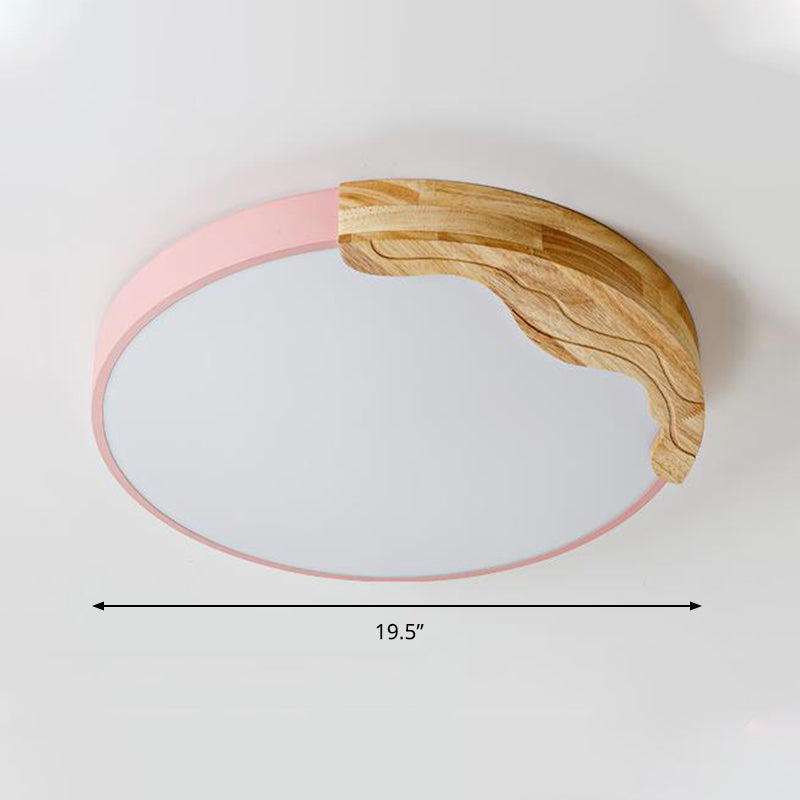 Plafonnier LED en acrylique de style macaron moderne avec décoration en bois - Lampe à encastrer circulaire rose, 16"/19,5" de large