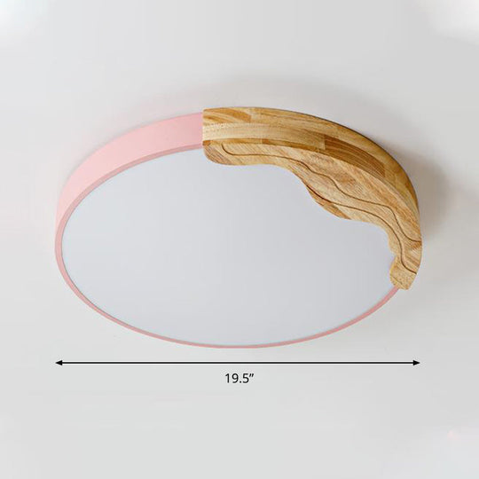 Plafonnier LED en acrylique de style macaron moderne avec décoration en bois - Lampe à encastrer circulaire rose, 16"/19,5" de large