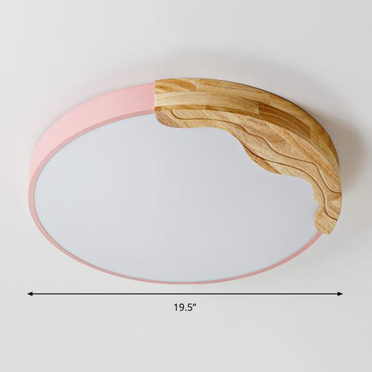 Plafonnier LED en acrylique de style macaron moderne avec décoration en bois - Lampe à encastrer circulaire rose, 16"/19,5" de large