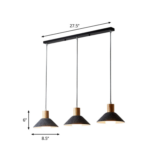 Industrial Grey Pendant Light with Wooden Cap - 3 Conical Lights for Dining Room