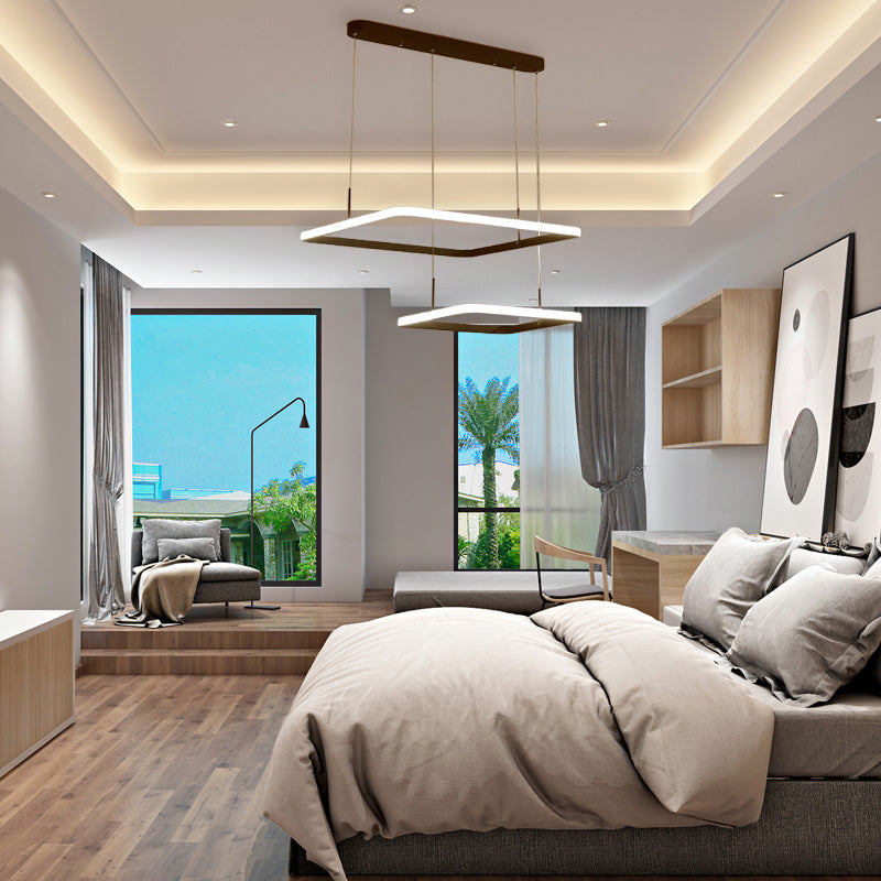 Contemporary Chandelier Lamp - Modern Brown Rectangle Suspension Light with Acrylic Shade in White/Warm/Natural Light - 2/3/5 Heads