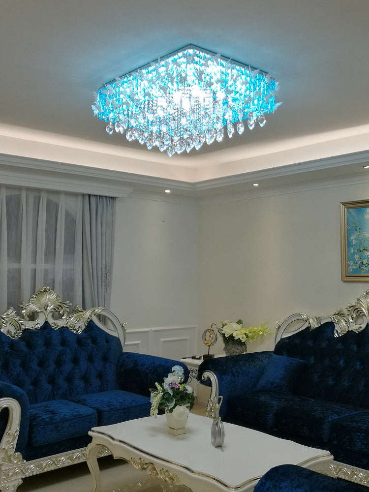 Rectangular LED Stainless-Steel Flush Mount Butterfly Ceiling Light Fixture with Clear/Amber/Lake Blue Crystals in Warm/White Light