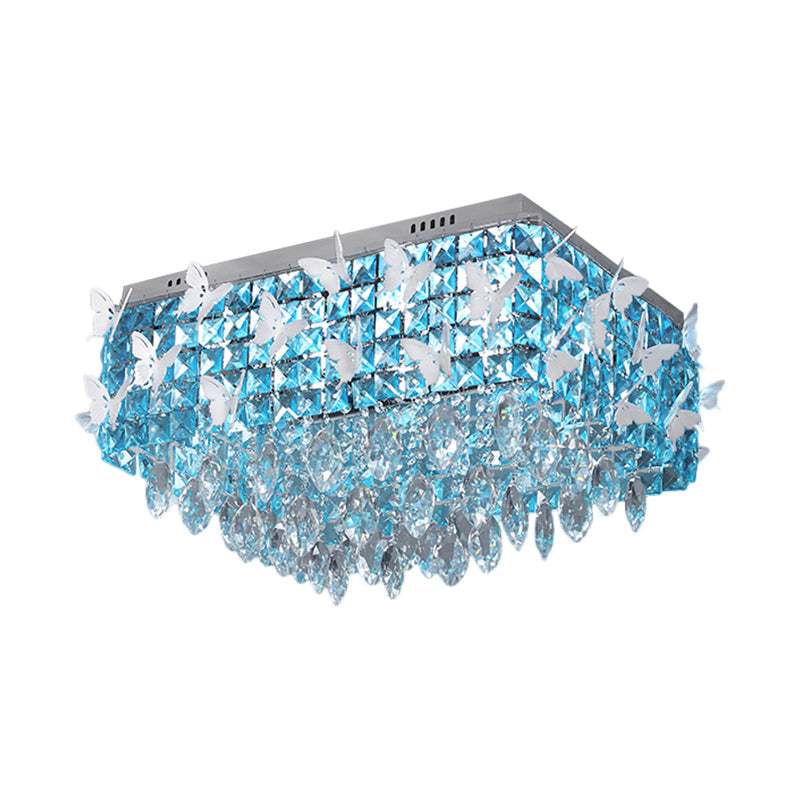 Rectangular LED Stainless-Steel Flush Mount Butterfly Ceiling Light Fixture with Clear/Amber/Lake Blue Crystals in Warm/White Light