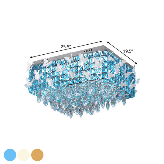 Rectangular LED Stainless-Steel Flush Mount Butterfly Ceiling Light Fixture with Clear/Amber/Lake Blue Crystals in Warm/White Light