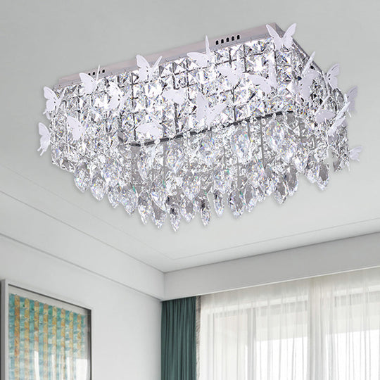 Rectangular LED Stainless-Steel Flush Mount Butterfly Ceiling Light Fixture with Clear/Amber/Lake Blue Crystals in Warm/White Light