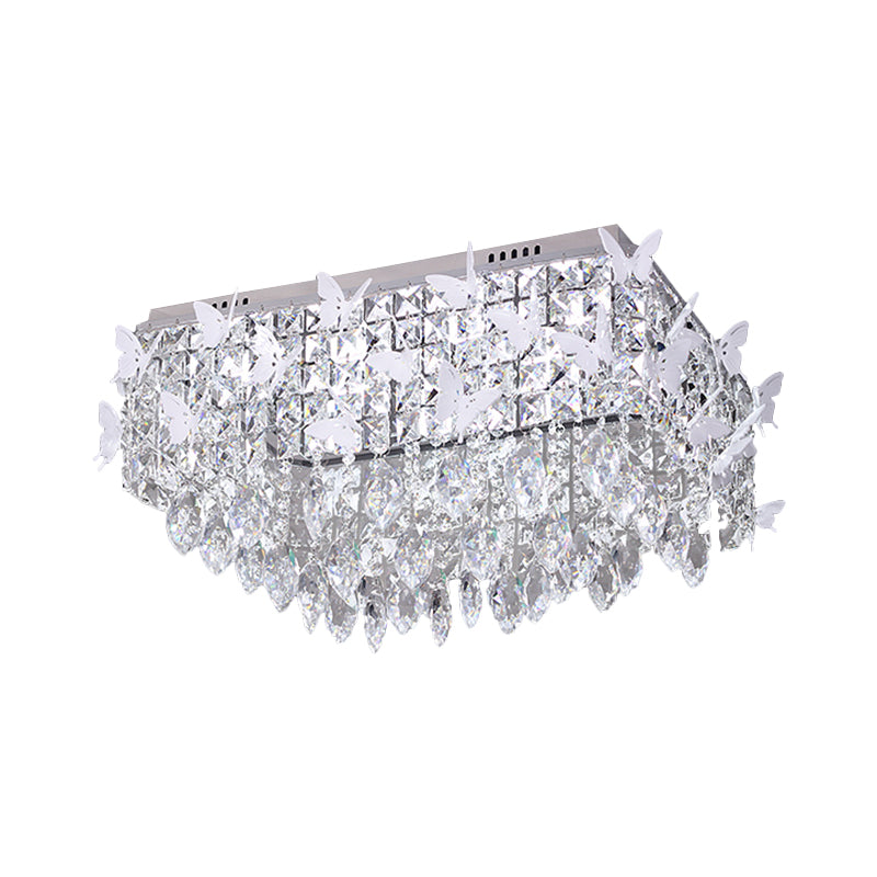 Rectangular LED Stainless-Steel Flush Mount Butterfly Ceiling Light Fixture with Clear/Amber/Lake Blue Crystals in Warm/White Light