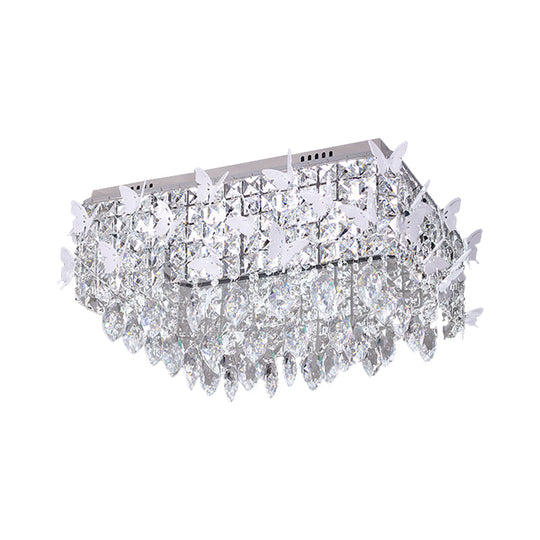 Rectangular LED Stainless-Steel Flush Mount Butterfly Ceiling Light Fixture with Clear/Amber/Lake Blue Crystals in Warm/White Light