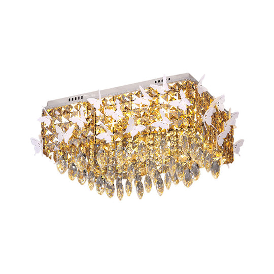 Rectangular LED Stainless-Steel Flush Mount Butterfly Ceiling Light Fixture with Clear/Amber/Lake Blue Crystals in Warm/White Light