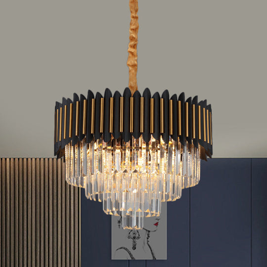 Modern 6/12-Bulb Hanging Chandelier: Black & Gold Pendant Light With Crystal Block Shade