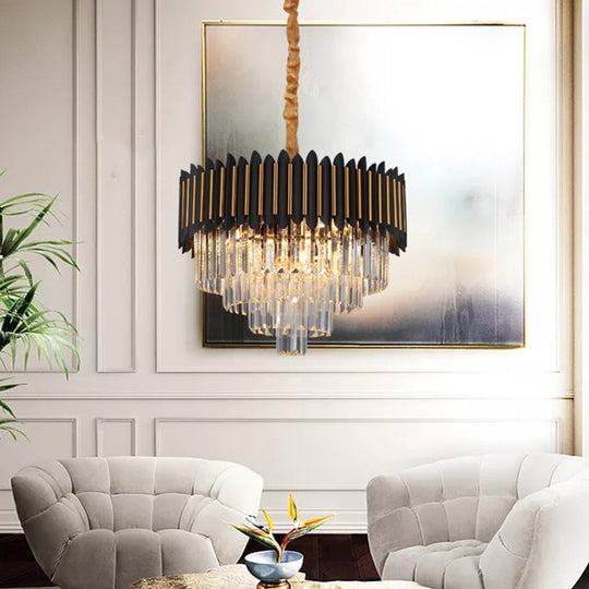 Modern Black and Gold Conic Pendant Chandelier with Crystal Block Shade - Simplicity 6/12-Bulb Hanging Light Fixture