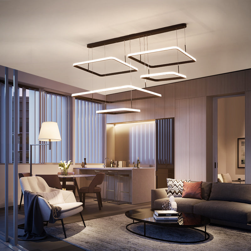 Contemporary Chandelier Lamp - Modern Brown Rectangle Suspension Light with Acrylic Shade in White/Warm/Natural Light - 2/3/5 Heads