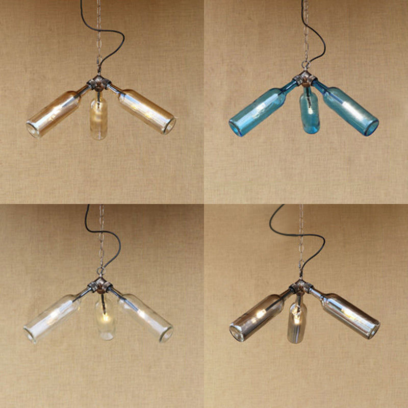 Industrial Stylish Blue/Clear Wine Bottle Pendant Lamp - 3 Bulbs Glass Hanging Lighting For