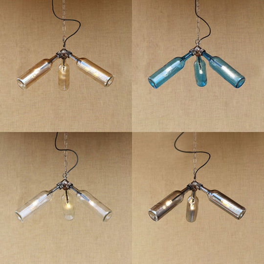 Industrial Stylish Blue/Clear Wine Bottle Pendant Lamp - 3 Bulbs Glass Hanging Lighting For