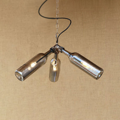 Industrial Stylish Blue/Clear Wine Bottle Pendant Lamp - 3 Bulbs Glass Hanging Lighting For