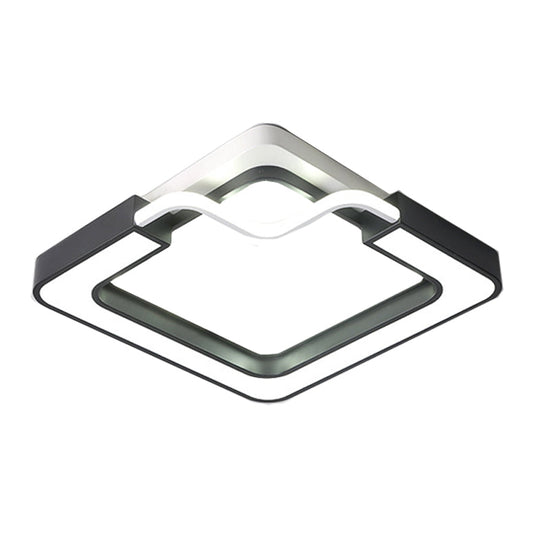 16"/19.5" Contemporary Metal LED Flush Mount Lamp – Black/White Square/Round Ceiling Fixture for Bedroom – White Light