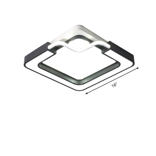 16"/19.5" Contemporary Metal LED Flush Mount Lamp – Black/White Square/Round Ceiling Fixture for Bedroom – White Light