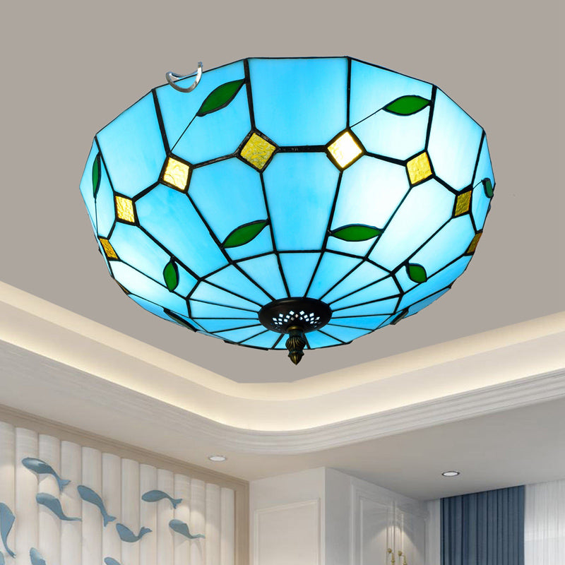 Stained Art Glass Flush Mount Ceiling Light with Traditional Bowl Shade