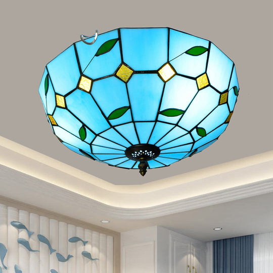 Stained Art Glass Flush Mount Ceiling Light With Traditional Bowl Shade Sky Blue / 16