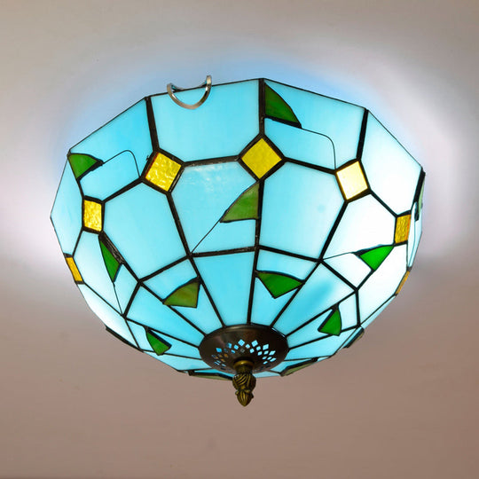 Stained Art Glass Flush Mount Ceiling Light with Traditional Bowl Shade