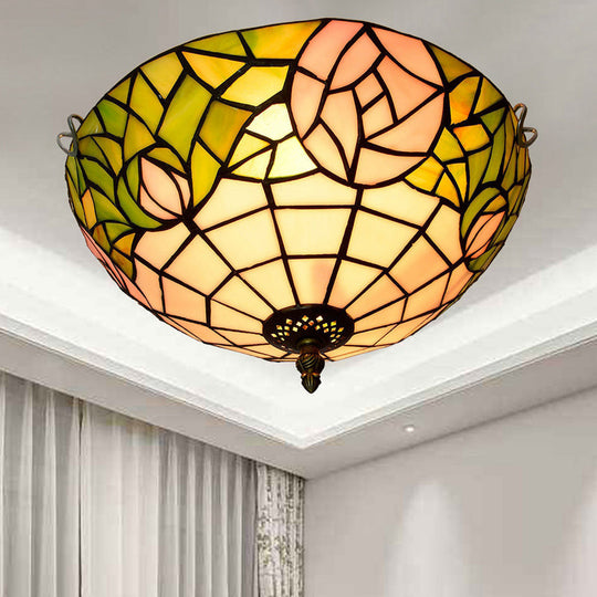 Stained Art Glass Flush Mount Ceiling Light with Traditional Bowl Shade