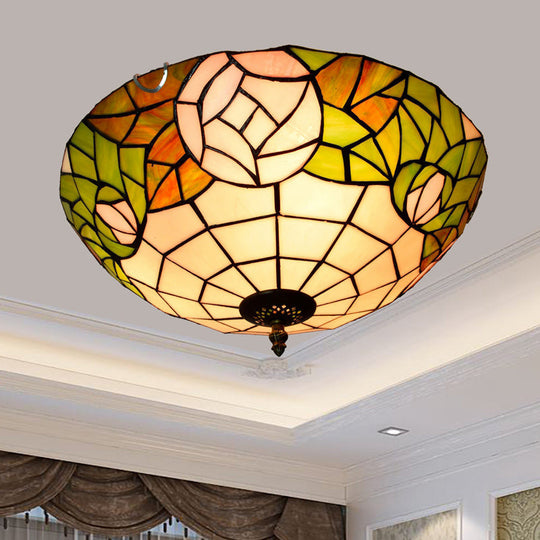 Stained Art Glass Flush Mount Ceiling Light with Traditional Bowl Shade