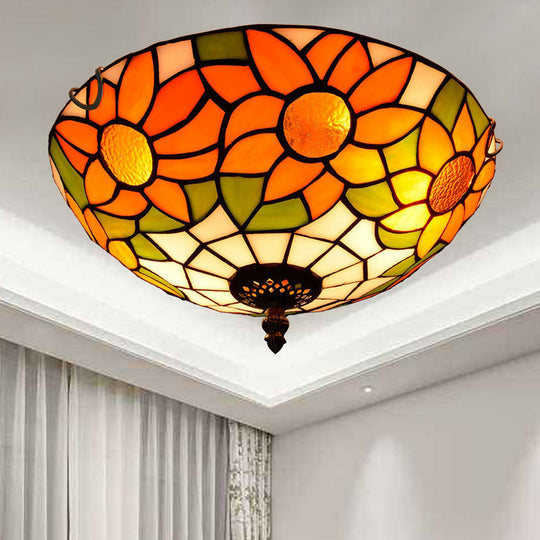 Stained Art Glass Flush Mount Ceiling Light with Traditional Bowl Shade