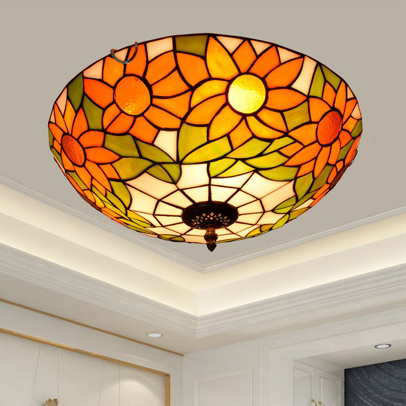 Stained Art Glass Flush Mount Ceiling Light with Traditional Bowl Shade