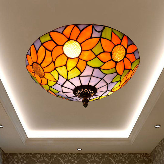Stained Art Glass Flush Mount Ceiling Light with Traditional Bowl Shade