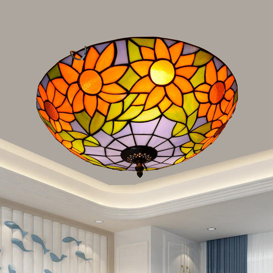 Stained Art Glass Flush Mount Ceiling Light with Traditional Bowl Shade