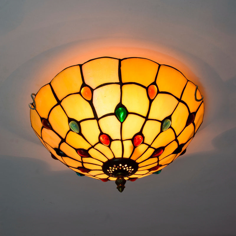 Stained Art Glass Flush Mount Ceiling Light with Traditional Bowl Shade