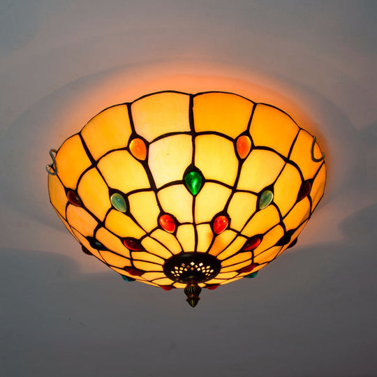 Stained Art Glass Flush Mount Ceiling Light with Traditional Bowl Shade