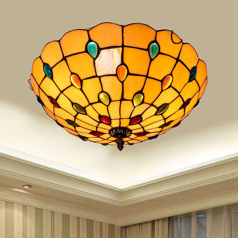 Stained Art Glass Flush Mount Ceiling Light with Traditional Bowl Shade