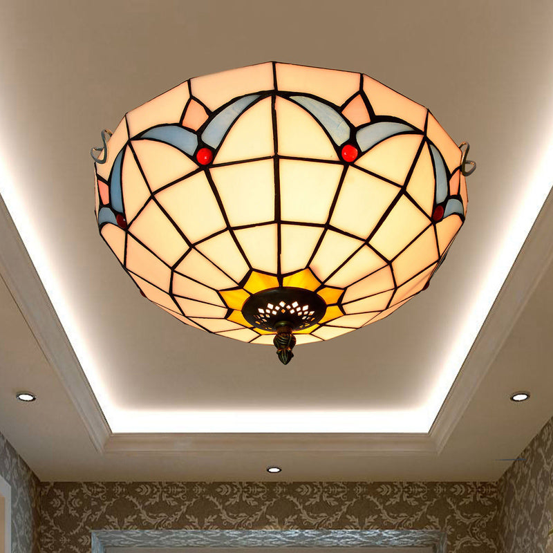 Stained Art Glass Flush Mount Ceiling Light with Traditional Bowl Shade