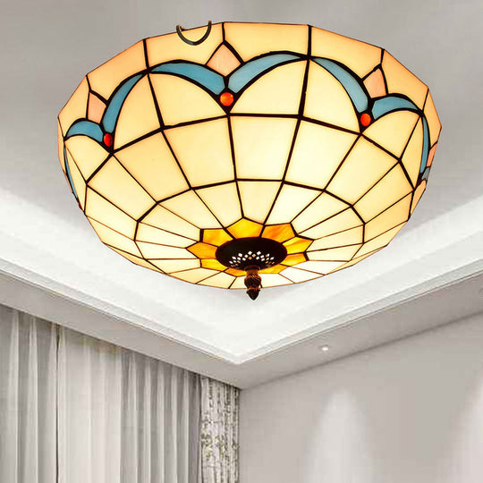 Stained Art Glass Flush Mount Ceiling Light with Traditional Bowl Shade