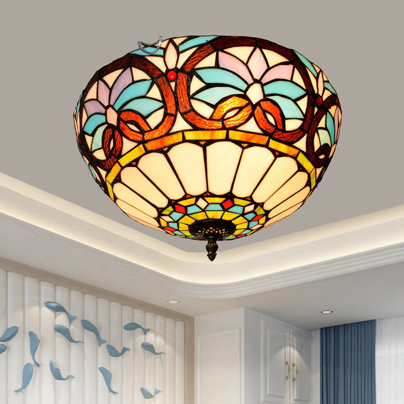 Stained Art Glass Flush Mount Ceiling Light with Traditional Bowl Shade