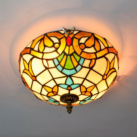 Stained Art Glass Flush Mount Ceiling Light with Traditional Bowl Shade