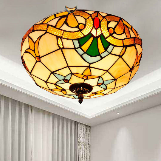 Stained Art Glass Flush Mount Ceiling Light With Traditional Bowl Shade Beige / 16