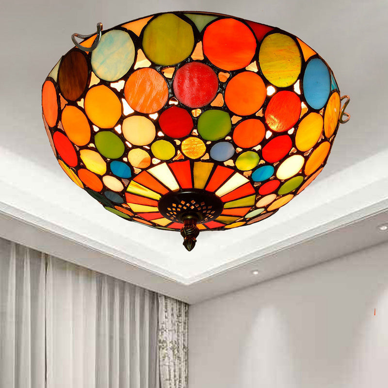 Stained Art Glass Flush Mount Ceiling Light with Traditional Bowl Shade