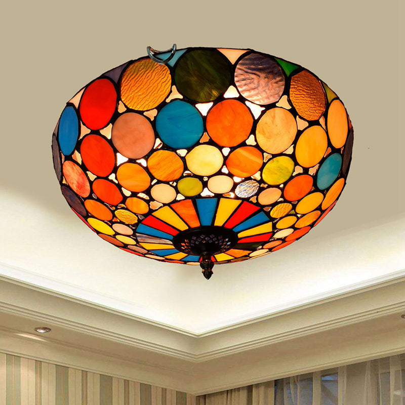 Stained Art Glass Flush Mount Ceiling Light with Traditional Bowl Shade