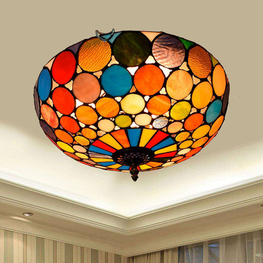 Stained Art Glass Flush Mount Ceiling Light With Traditional Bowl Shade Red / 16