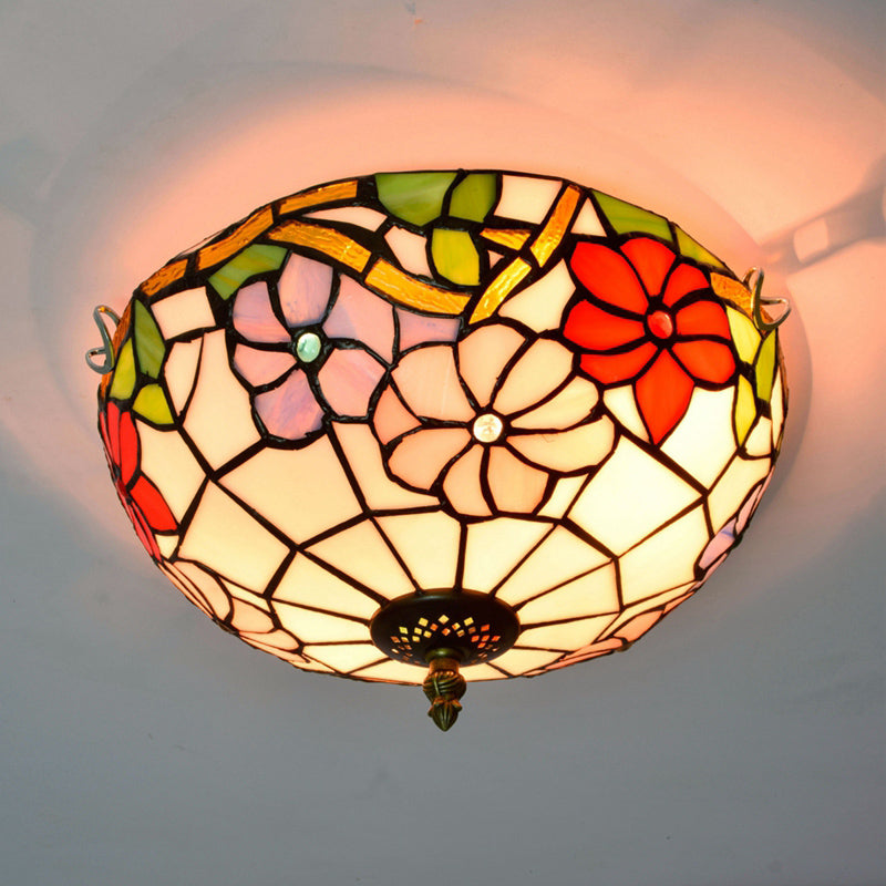 Stained Art Glass Flush Mount Ceiling Light with Traditional Bowl Shade