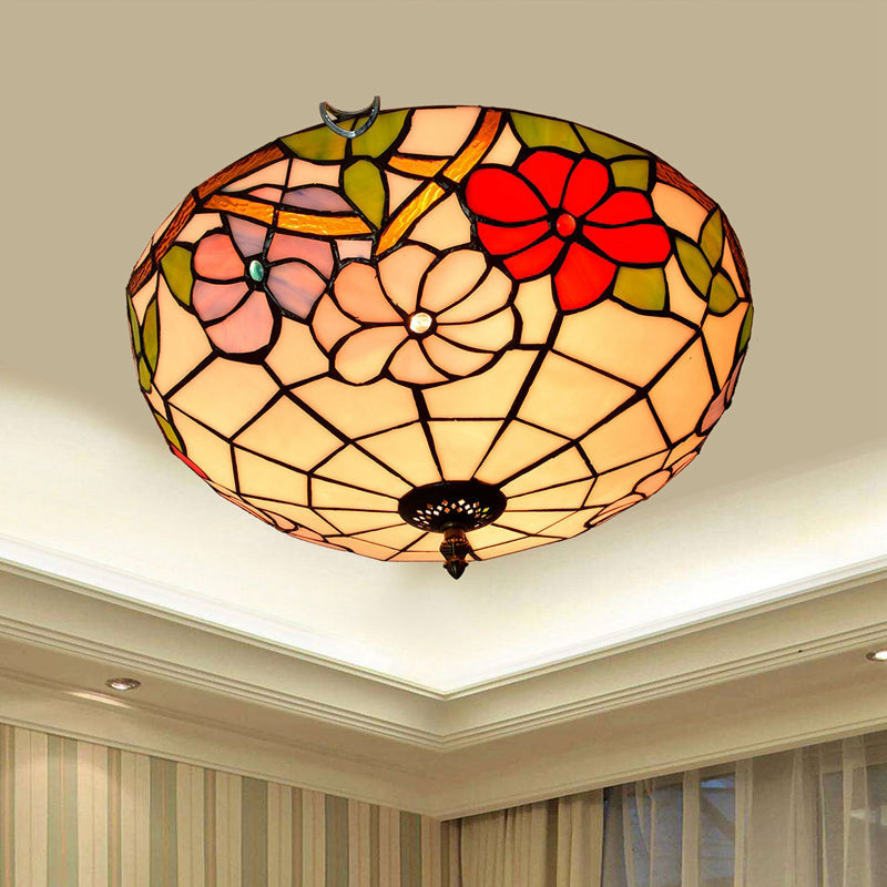 Stained Art Glass Flush Mount Ceiling Light with Traditional Bowl Shade