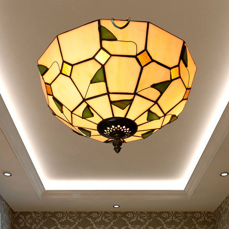 Stained Art Glass Flush Mount Ceiling Light with Traditional Bowl Shade