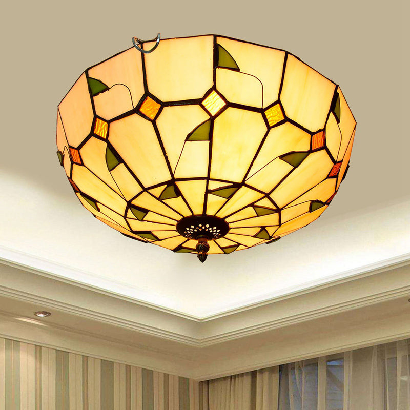 Stained Art Glass Flush Mount Ceiling Light with Traditional Bowl Shade