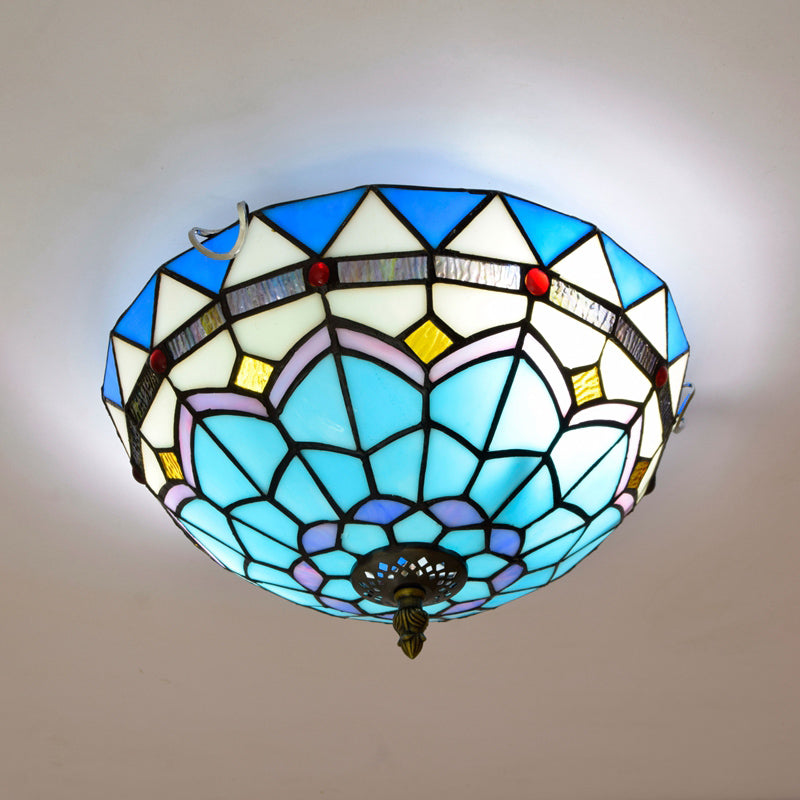 Stained Art Glass Flush Mount Ceiling Light with Traditional Bowl Shade